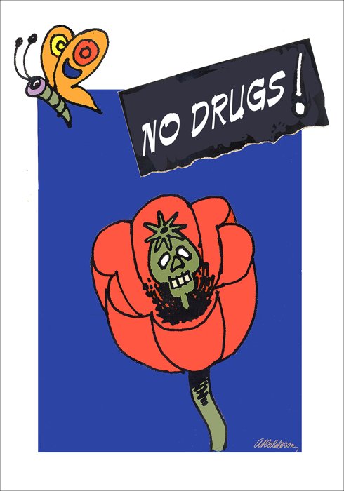 Social-issue poster 'No Drugs': a decaying skull-faced figure emerging from a red poppy bloom on a blue background, with a whimsical butterfly beside a torn banner reading 'No Drugs!'