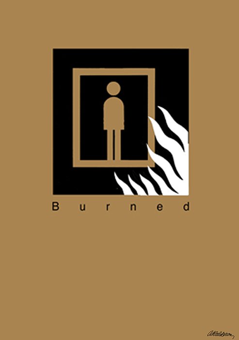 Poster 'Pictoposter Burned': a black-and-tan pictogram of a human figure in a framed doorway with white flame shapes licking up one side; caption reads 'Burned'.