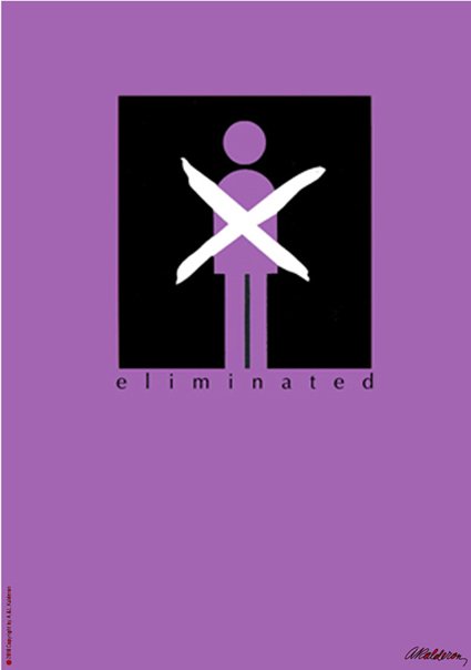 Poster 'Pictoposter Eliminated': a black square icon of a human figure crossed out by a bold white X on a solid purple background; caption reads 'eliminated'.