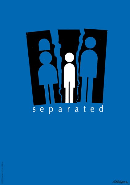 Poster 'Separated': black torn silhouette panel with two black figures and one white figure standing apart on a blue ground; headline reads 'separated'.