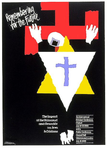 Social-issue poster 'Remembering for the Future': a striped-uniformed figure with yellow triangle badge and blue cross beneath a red barbed shape on black, referencing Holocaust and genocide conference text below.