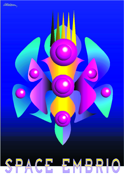 Poster 'Space Embrio': an abstract symmetrical form of glowing pink spheres, teal wing-like shapes and a yellow spiked crown on a deep blue gradient background.