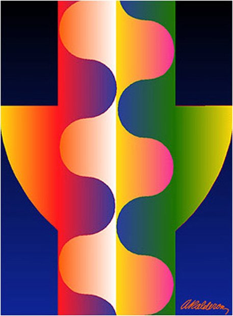 Poster Space Voices Science: an abstract arched design of a chalice-like shape formed from wavy vertical bands in orange, magenta, pink and green gradients on a deep blue ground; no legible text.