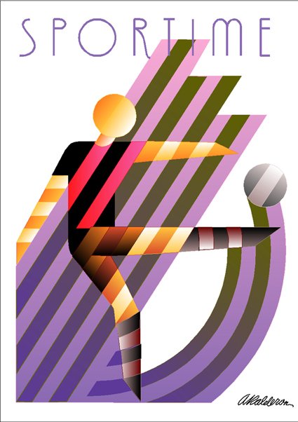 Poster Sportime: stylized angular figure kicking a ball, rendered in orange, pink and black stripes against diagonal purple and olive bands; headline reads 'Sportime'.