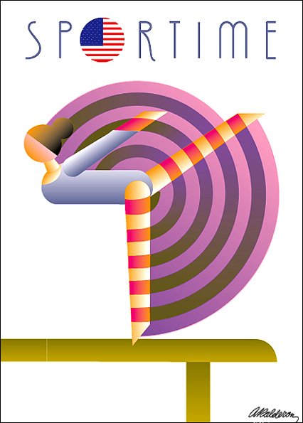 Poster Sportime: a gymnast performing on a pommel horse inside concentric pink and brown spiral stripes, American flag circle above; headline reads 'Sportime'.