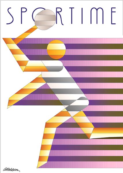 Poster Sportime: a running tennis player in white and gold stripes swinging a racket toward a ball, set against horizontal pink and purple stripes; headline reads 'Sportime'.