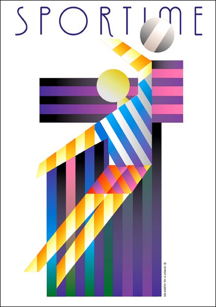 Poster Sportime: an angular striped figure in blue, pink and gold leaping to spike a volleyball against a dark geometric cross backdrop; headline reads 'Sportime'.
