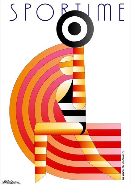 Poster Sportime: a seated weightlifter silhouette in red and gold stripes framed by concentric black-and-white and orange arcs; headline reads 'Sportime'.
