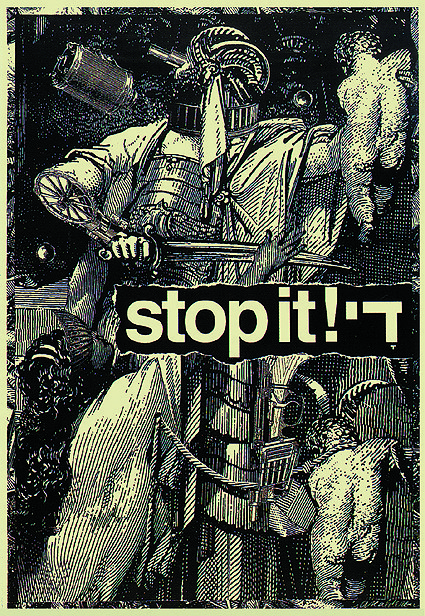 Social-issue poster Stop It: a dark engraved-style illustration of a heavily armored futuristic soldier with a rifle amid smoke and chains; bold headline reads 'stop it!'.