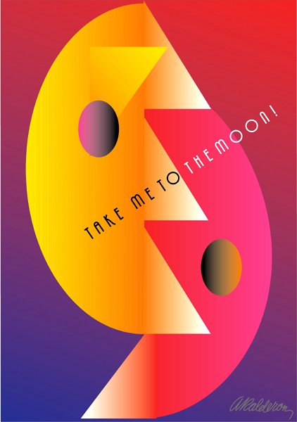 Poster 'Take Me to the Moon': an abstract crescent-moon face in orange-to-yellow gradient with jagged pink lightning shapes on a purple-to-red sky; headline reads 'Take Me to the Moon!'.