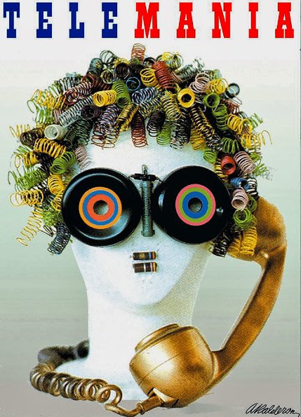 Poster 'Telemania New Age': a white mannequin head with a colourful coiled-spring afro wig, vinyl-record eyeglasses, and holding a gold rotary phone receiver; headline reads 'Telemania'.