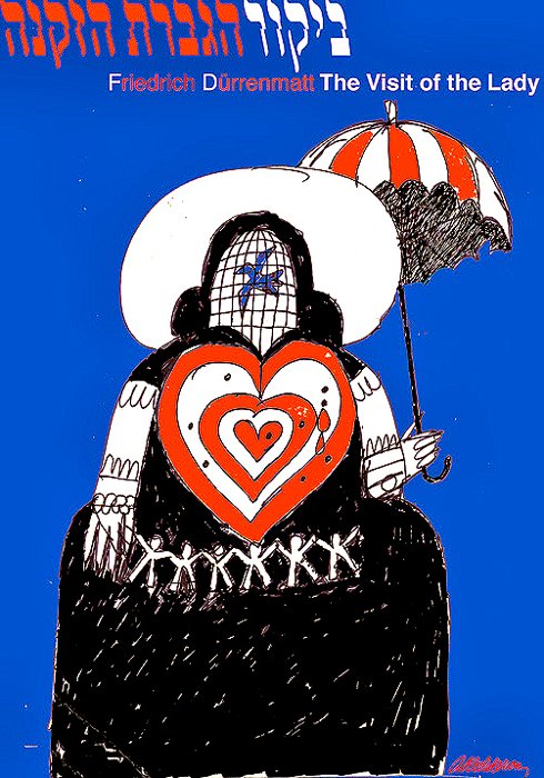 Poster 'The Visit of the Lady Play': a hand-drawn woman in black shrouds with a red heart on her chest, white hat, and striped umbrella, on blue ground; headline reads 'The Visit of the Lady', Friedrich Durrenmatt.
