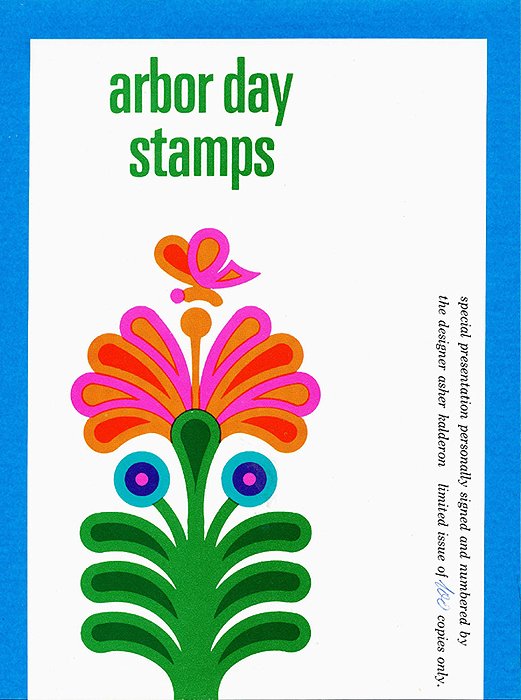 Postage stamp presentation folder 'Arbor Day Stamps': white cover with pink butterfly above a stylized green, pink and orange flower design, text "arbor day stamps".