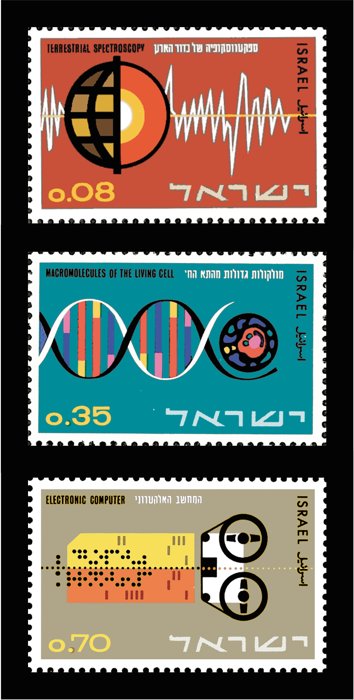 Postage stamp set of three: red oscilloscope waveform over a globe ("0.08"), colorful DNA double helix and cell ("0.35"), and punch-card computer tape design ("0.70"), all marked "ISRAEL".