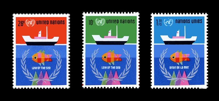 Postage stamp series 'The Law of the Sea': three UN stamps in red, blue and green showing a white ship above a fish and laurel wreath over mountain peaks, denominations "26c", "10c", "1F.20".