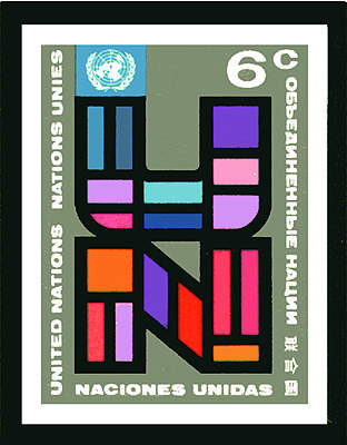 Postage stamp 'UN Stamp': framed stamp with large bold letters "UN" in blue, purple, orange, pink and red blocks, denomination "6c", United Nations emblem in top corner.