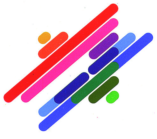 Logo '11th Maccabiah Jewish Olympic Games': diagonal rounded bars like javelins in red, pink, blue, purple and green, with small circles, suggesting runners in motion.