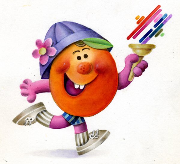 Logo '11th Maccabiah Mascot': cartoon orange round figure in a purple cap and pink flower, running while holding a rainbow-striped torch.