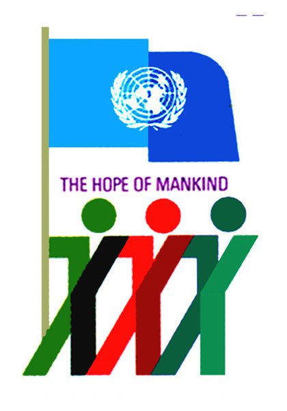 Emblem '30th UN Anniversary': blue UN flag above the words 'The Hope of Mankind', with three striped human figures in black, red and green below.