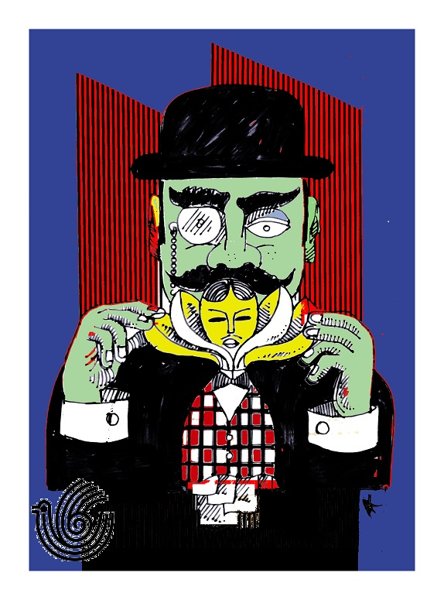 Logo 'Agate C 2 WM': illustrated bowler-hatted man with a monocle and mustache framing a small yellow fox-like mask, red striped background, black spiral at corner.