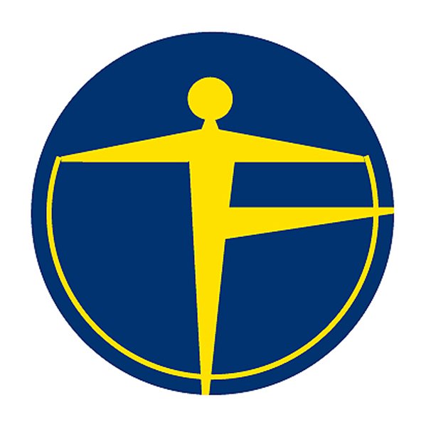 Emblem 'Body Shaping Club': circular blue badge with a yellow stylized human figure with outstretched arms forming a letter F.
