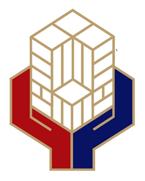 Logo 'Building Construct Managing': gold-outlined 3D building block above a red and navy hexagonal base cradled by two curved bands.