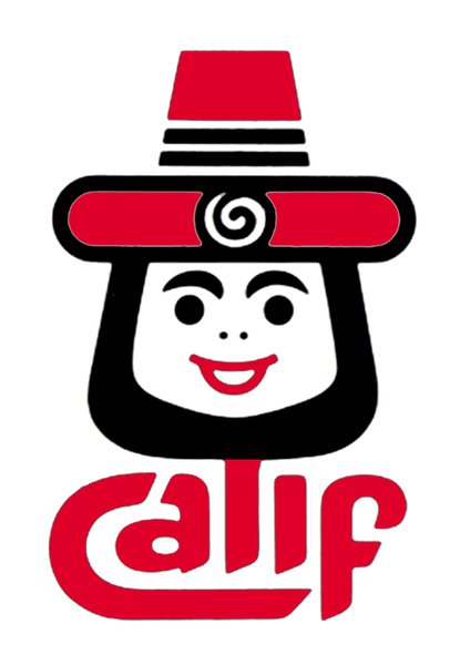 Logo 'Calif Food Import': cartoon face wearing a red striped hat with a swirl design, red script wordmark 'Calif' below.