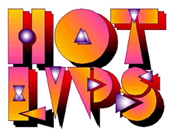 Logo 'Hot Lips Night Club': bold 3D bubble wordmark 'HOT LIPS' in orange-to-purple gradient letters with triangle and circle accents.