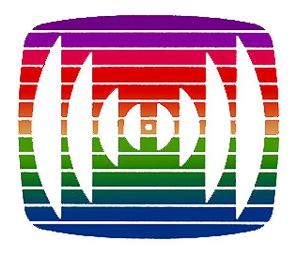Logo 'Israel's Radio & TV': rounded rectangular screen shape filled with rainbow horizontal stripes, framed by curved sound-wave arcs and a center dot.