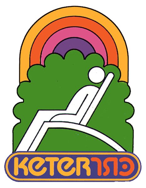 Logo 'Keter Outdoor Furniture': rainbow arch over green bush shapes with a white silhouette of a person reclining in a lounge chair, wordmark 'KETER' below.