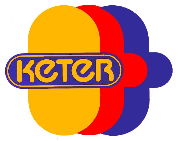 Logo 'Keter Plastic Produgts': layered pill-shaped forms in yellow, red and blue, with the wordmark 'KETER' inside a yellow outlined oval.