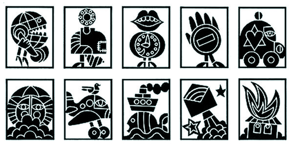 Emblem 'Phone Services Icons': grid of ten black-and-white pictograms including a globe, robot, lips with clock, hand, envelope, viking head, boat, ship, gift box and torch flame.