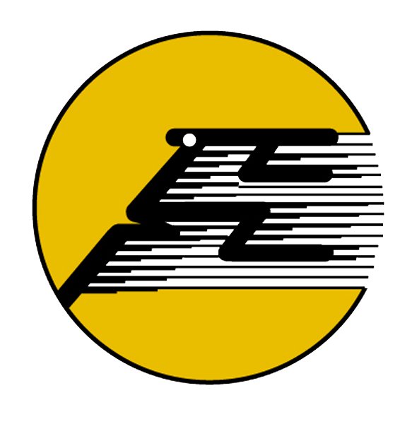 Emblem 'Post Office Emblem': yellow circle containing a black zigzag speed-line mark resembling a bird in flight, with a small white dot.