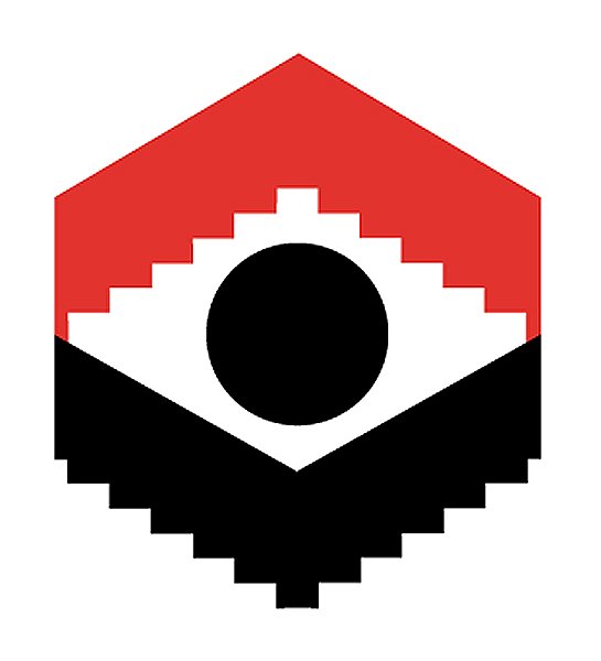 Emblem 'Safety Institute': hexagon badge with a pixelated red chevron above and black chevron below, forming an abstract eye around a black circle.