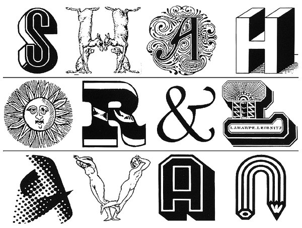 Logo 'Shahor Lavan Black & White Photostate Service': grid of twelve varied black-and-white typographic and illustrative icons, including decorative letters, a sun face, an ampersand, and a gymnast.