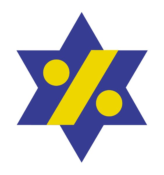Emblem 'State Statistics Department': blue Star of David with a yellow diagonal slash and two yellow dots inside.