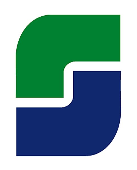 Logo 'Steel Industry': green and navy blue rounded S-shaped forms interlocking around a white diagonal gap.