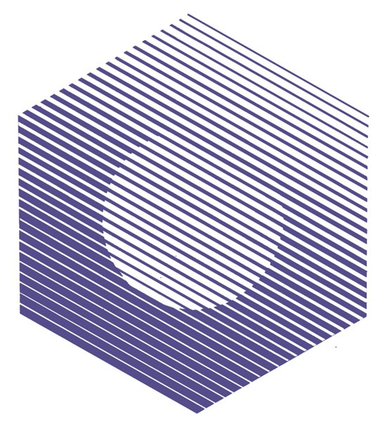 Emblem 'Technology Fair': navy blue hexagon built from parallel diagonal lines with a circular negative-space opening at its center.