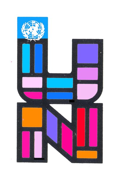 Emblem 'UN for Postage Stamp 400': bold black-outlined letters U and N filled with multicolor stripes, topped by a small blue UN emblem.