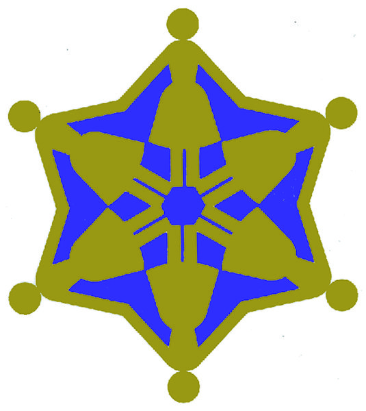 Emblem 'Zionist Women Workers Assos': olive-gold six-pointed star with blue triangular segments and small circles at each point.